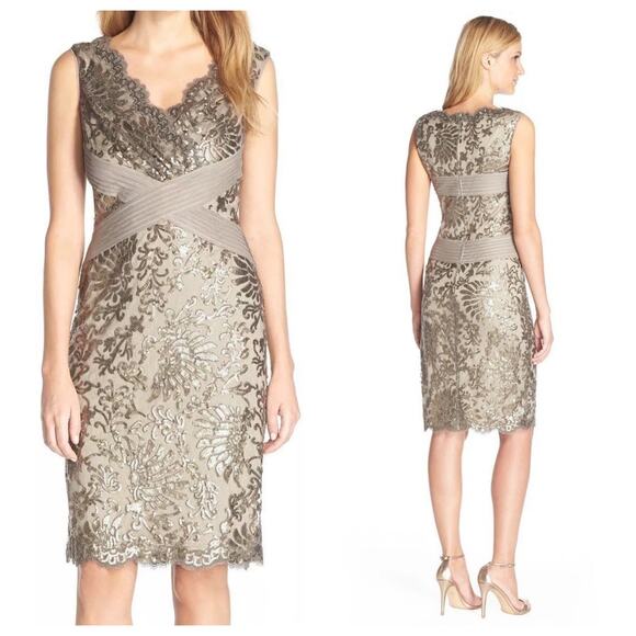 TADASHI SHOJI Smoke Pearl Gold Sequin Beige Mesh Sheath Dress Size 8 - Picture 2 of 8